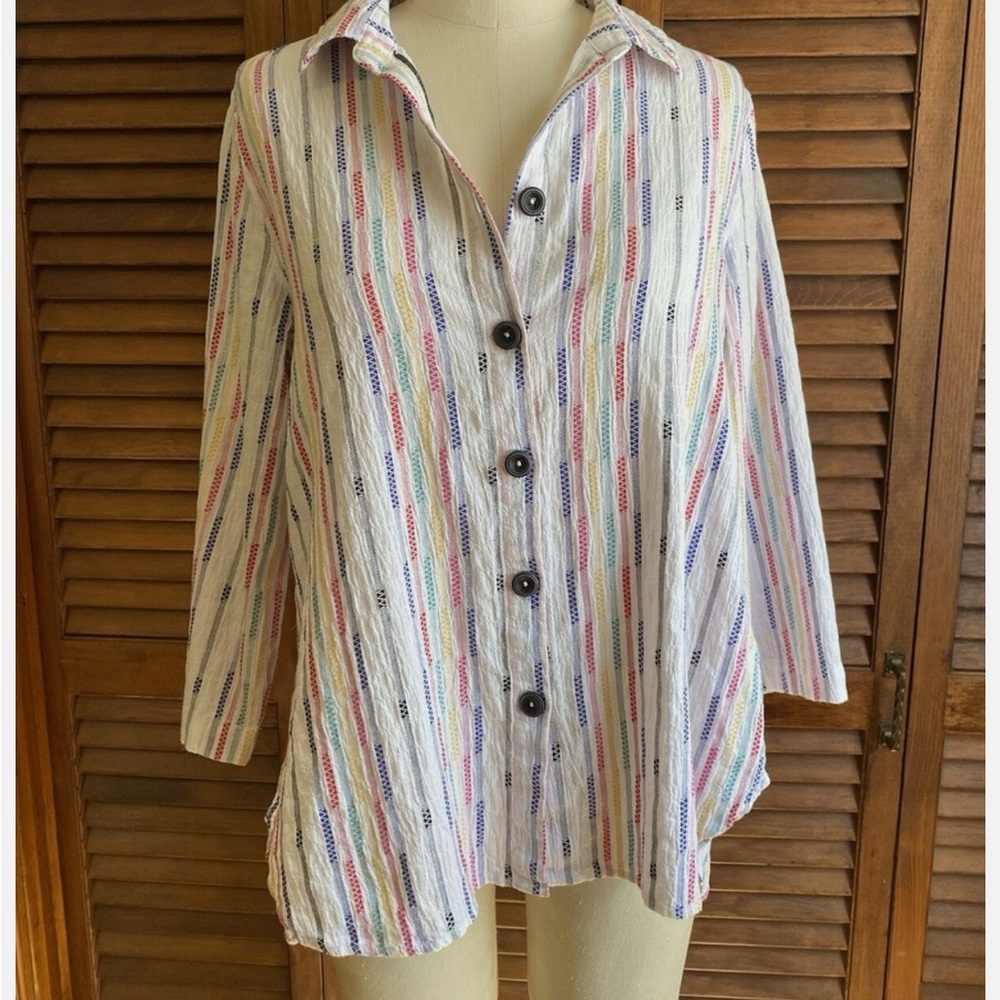 Habitat White Rainbow Striped 3/4 Sleeve Cotton Button Up Shirt Top